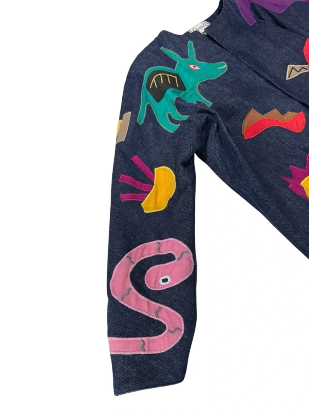 Vintage Girasol Mexican Whimsical Appliqué Denim Jacket Multicolor Animal Motifs